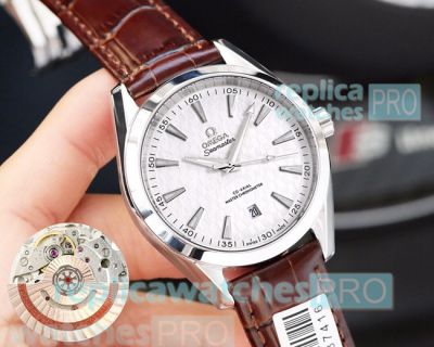 Cheapest Price Copy Omega Seamaster Aqua Terra 150 White Dial Brown Leather Strap Men's Watch